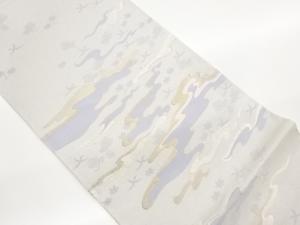 変わり霞に抽象鳥・草葉模様織出し袋帯